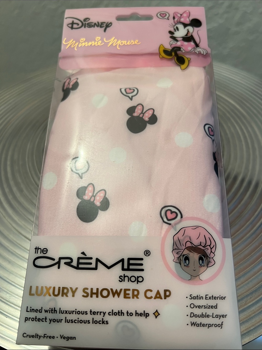 Disney x The Creme Shop NIP Minnie Mouse Pink and White Polka Dot Shower Cap